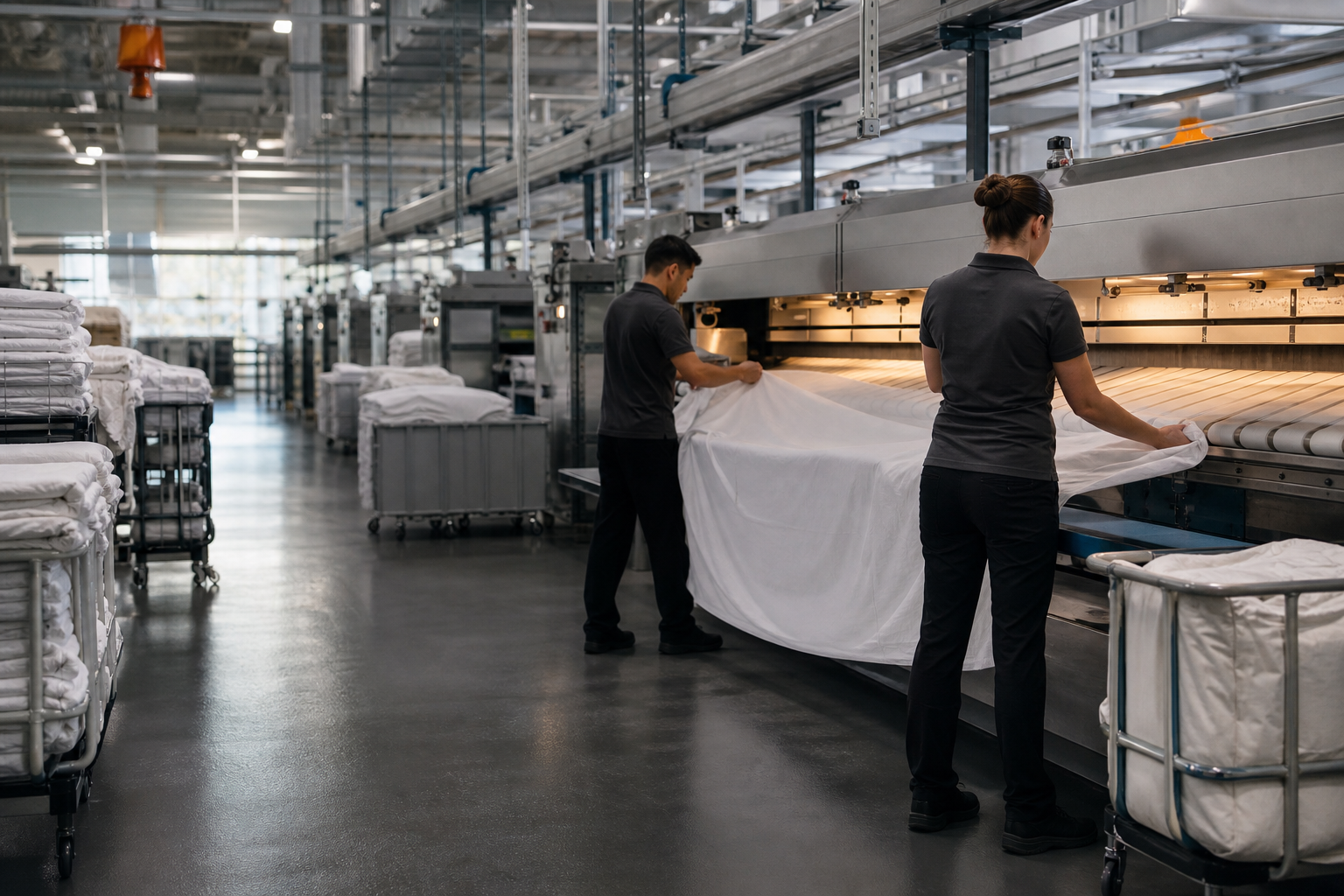 Sunshine Linen production team preparing commercial linen